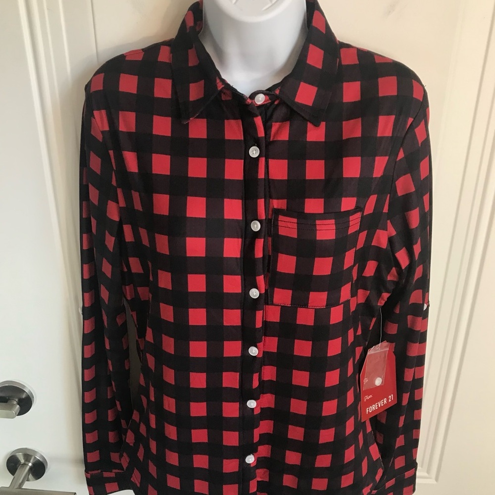 🔴 4/$15 Forever 21 Women’s S Red & Black Plaid Sherpa Lined Button Up Shirt NWT - Picture 7 of 16
